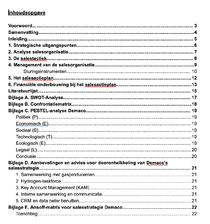 De inhoudsopgave van het opgeleverde salesplan, van de analyse van de salesorganisatie tot het salesactieplan en de aanbevelingen.
